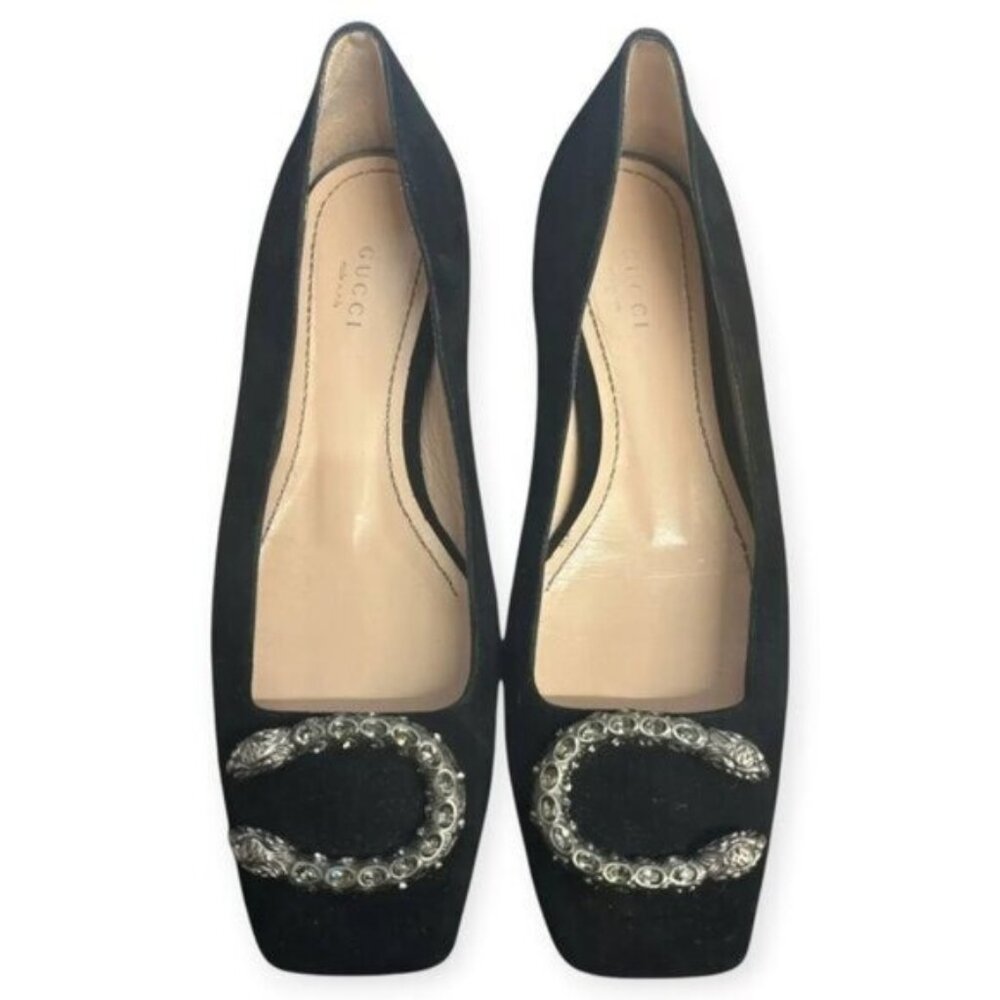 Gucci Dionysus Black Suede Embellished Square Toe Flats - Picture 1 of 4